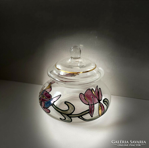 Butterfly-flower painted, decorated glass bonbonier with lid, sugar holder, decorative glass