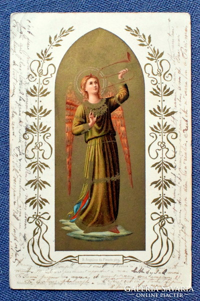 Antique gold background postcard - angel with trombone from 1902