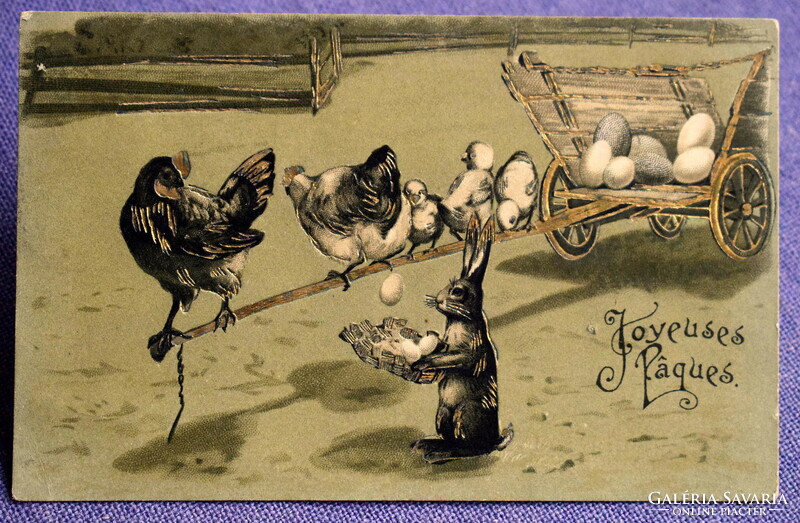 Antique embossed Easter litho greeting card - bunny collecting eggs, hen chick on cart 1904