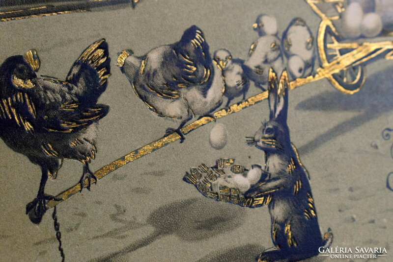 Antik dombornyomott Húsvéti litho üdvözlő képeslap -tojást gyűjtő nyuszi , szekéren tyúk csibe 1904