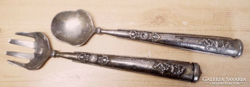 Pair of antique Etruscan patterned spoon and fork, handmade. A unique rarity