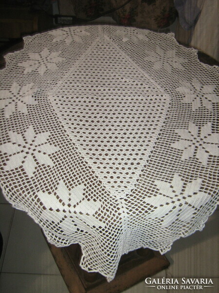 Beautiful white antique hand-crocheted floral boat-shaped tablecloth