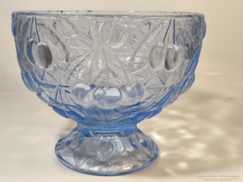 Barolac blue glass serving bowl with cherry pattern, centerpiece