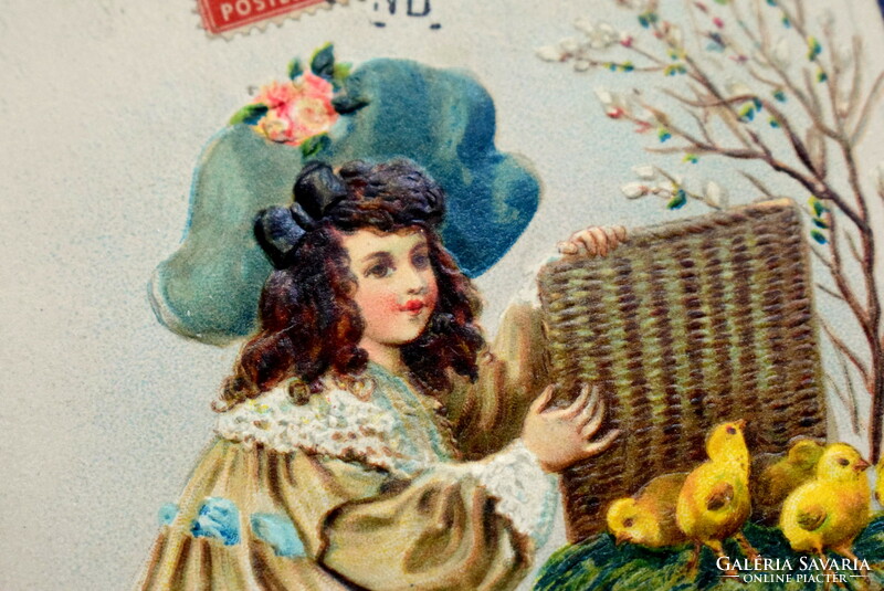 Antique embossed Easter greeting card - little girl with chicks in a basket, barka from 1908