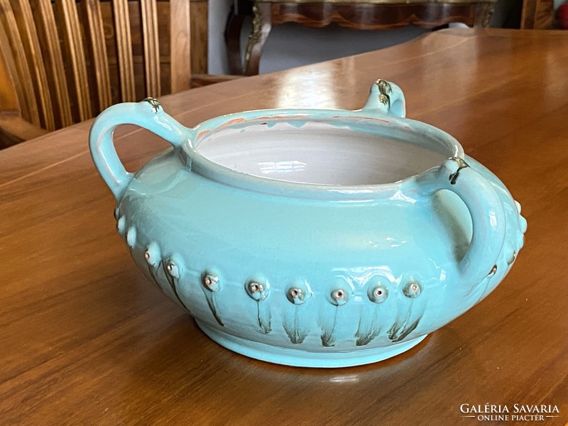 Pale blue 3-handled round painted ceramic decorative bowl centerpiece 25 cm