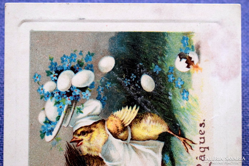 Antique Easter postcard - chimney sweep chick knocks the egg bowl off the chef chick's head from 1910
