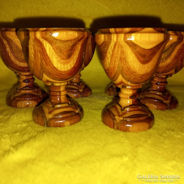 6 wooden, inlaid, soft-boiled egg holders with feet, small cups for offering eggs.