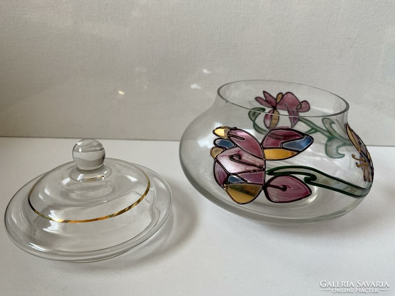 Butterfly-flower painted, decorated glass bonbonier with lid, sugar holder, decorative glass