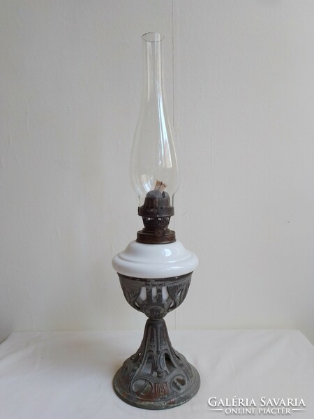 Antique Old Table Kerosene Lamp Round Openwork Art Nouveau Cast Iron Base White Milk Glass Tank 50c