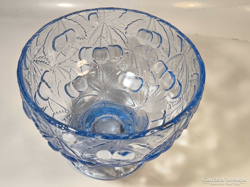 Barolac kék üveg cseresznye mintás talpas kínáló tál,asztalközèp