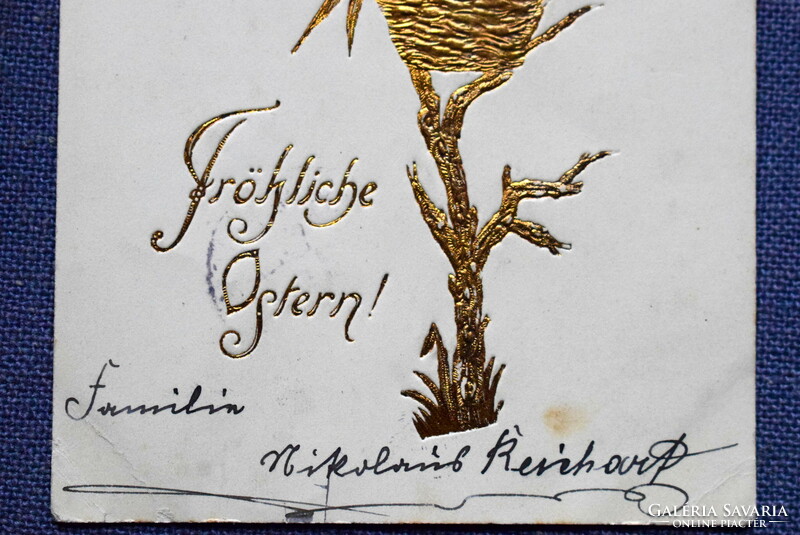 Antik arannyal dombornyomott Húsvéti  üdvözlő képeslap -  madarak , fészek, ág  1905ből
