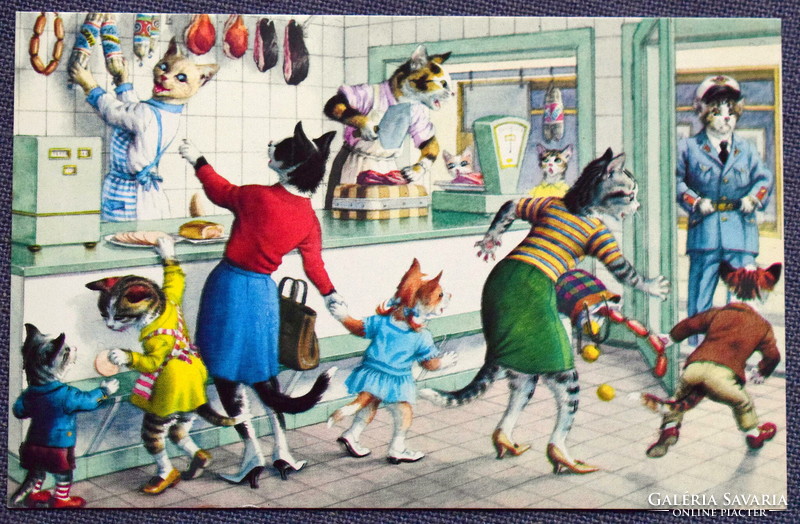 Humorous kitten postcard - cats misbehaving at the butcher / new edition