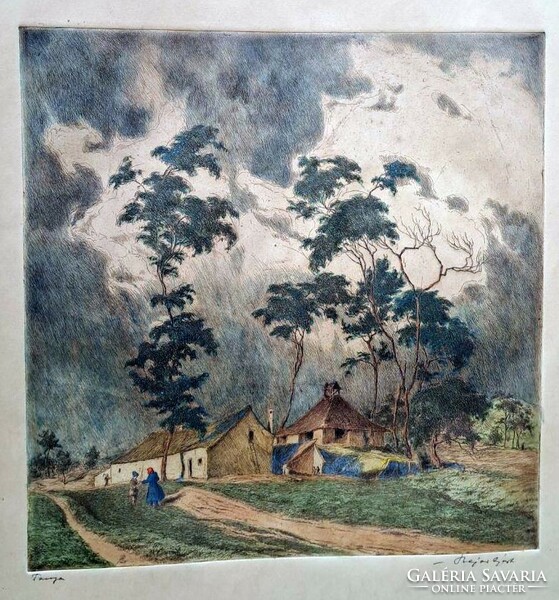 Rarity Bavarian Ágoston - Bayer Ágoston - farmhouse - colored etching 1929