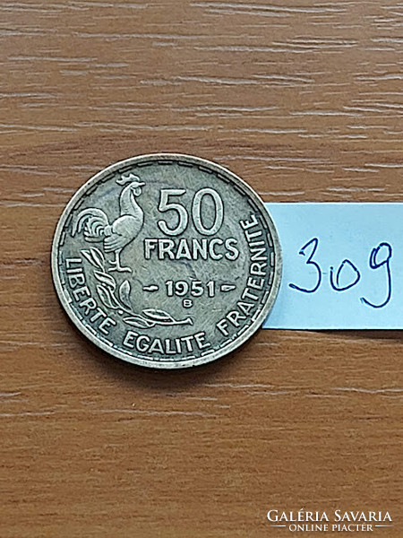 France 50 francs 1951 b, aluminium-bronze, cock 309