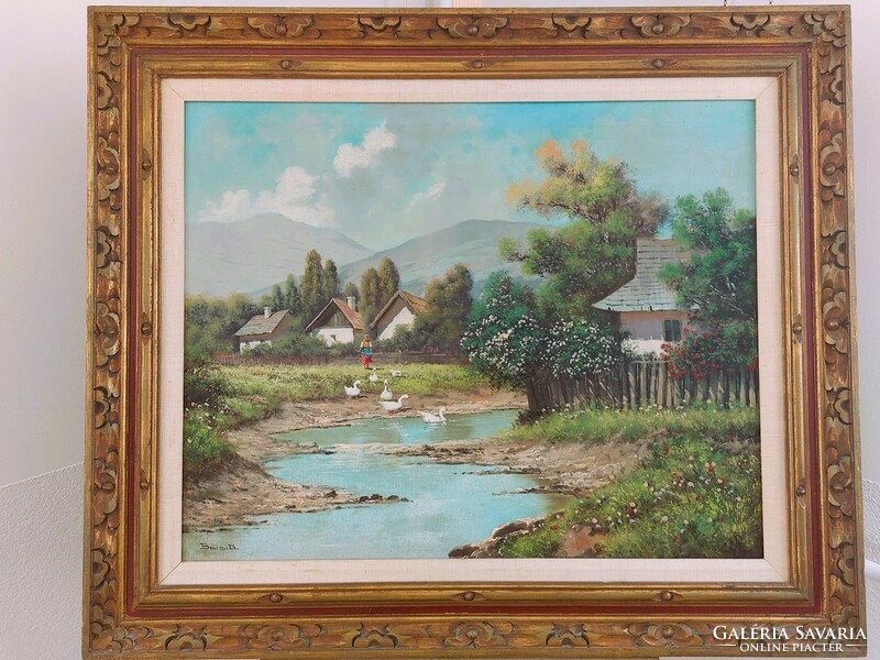 (K) Béla Barsi's beautiful painting of village life with frame 82x98 cm