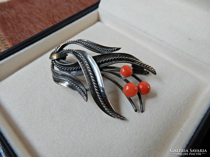 Antique handmade silver brooch with noble corals