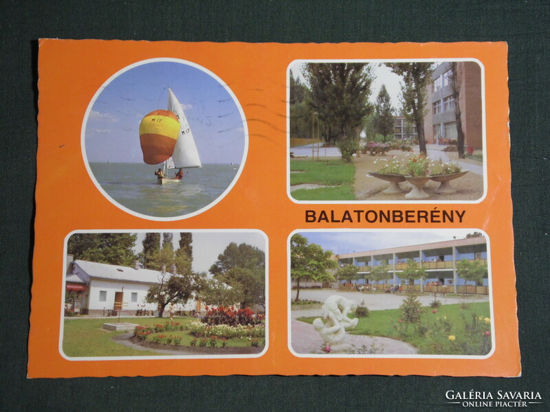 Postcard, balaton berény, mosaic details, resorts, sailing, beach, park