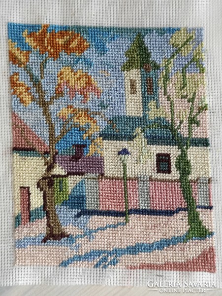 Street section of Szentendre church, based on the oil painting of Attila Korényi, miniature needlework tapestry
