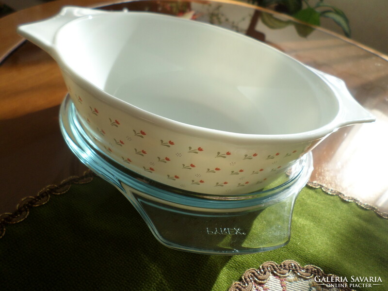 Heat-resistant milk glass, English pyrex, Jena bowl with a small flower pattern and lid