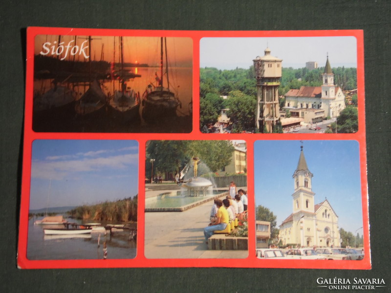 Postcard, Balaton Siofok, mosaic details, water tower, church, fountain, boat harbor