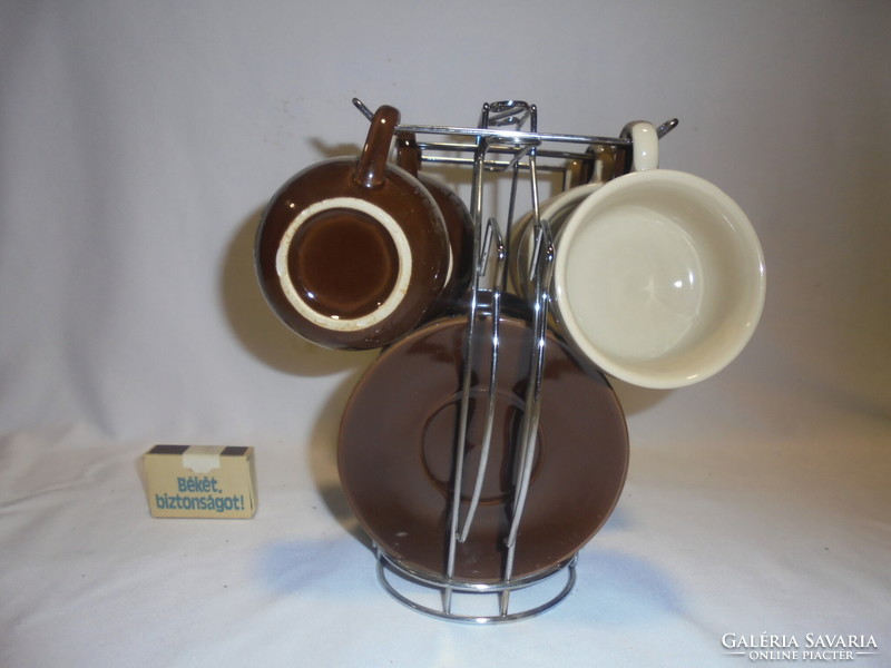 Six-person ceramic coffee set in a metal holder