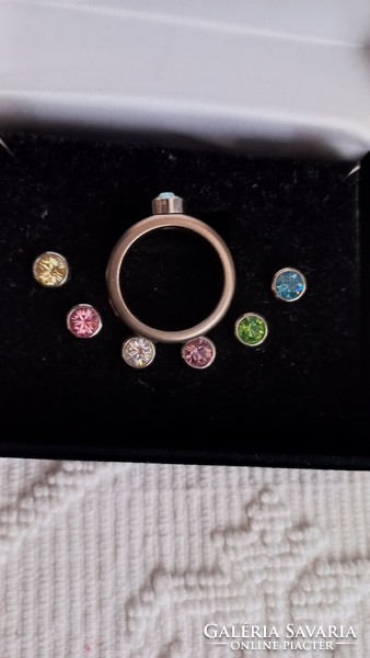 Metal alloy ring set, 7 pcs. Swarovski colored, screw-on, with replaceable stone, nickel-free