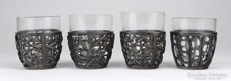 1Q267 old applied art glass insert silver plated metal stamped cup set 4 pieces