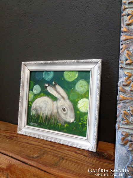 Nyuszi - agnes laczó contemporary painter/graphic artist - original acrylic painting rabbit in a frame, animal
