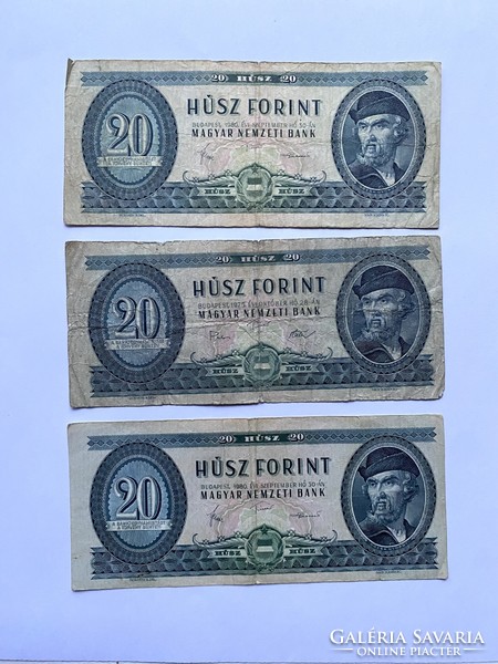 3 Pieces of twenty forints 20 forints 1975 and 1980