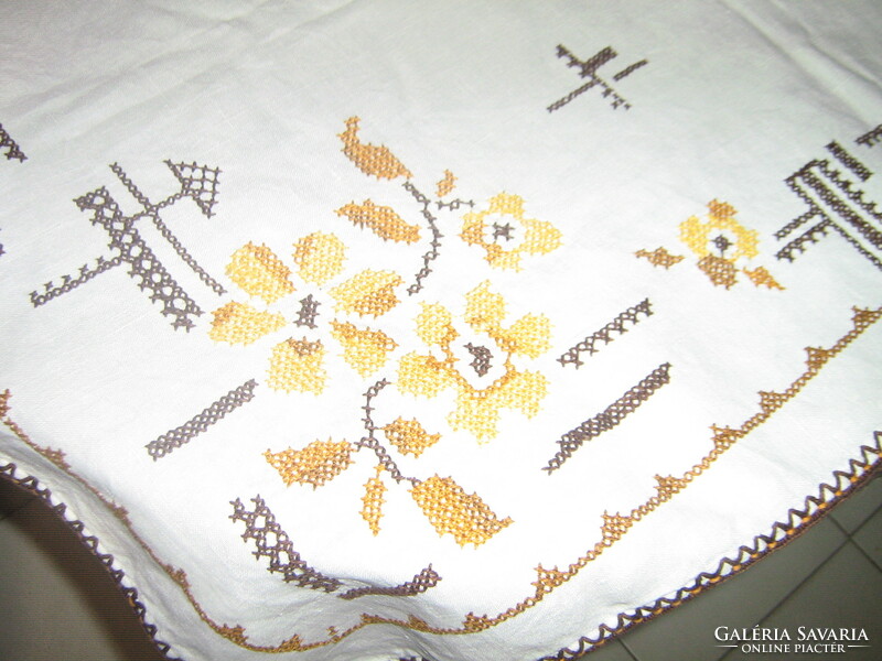 Beautiful antique hand-embroidered cross-stitch woven tablecloth