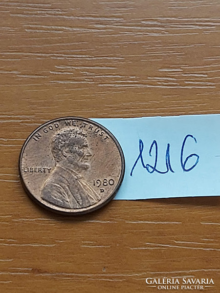 Usa 1 cent 1980 d, abraham lincoln, copper-zinc 1216