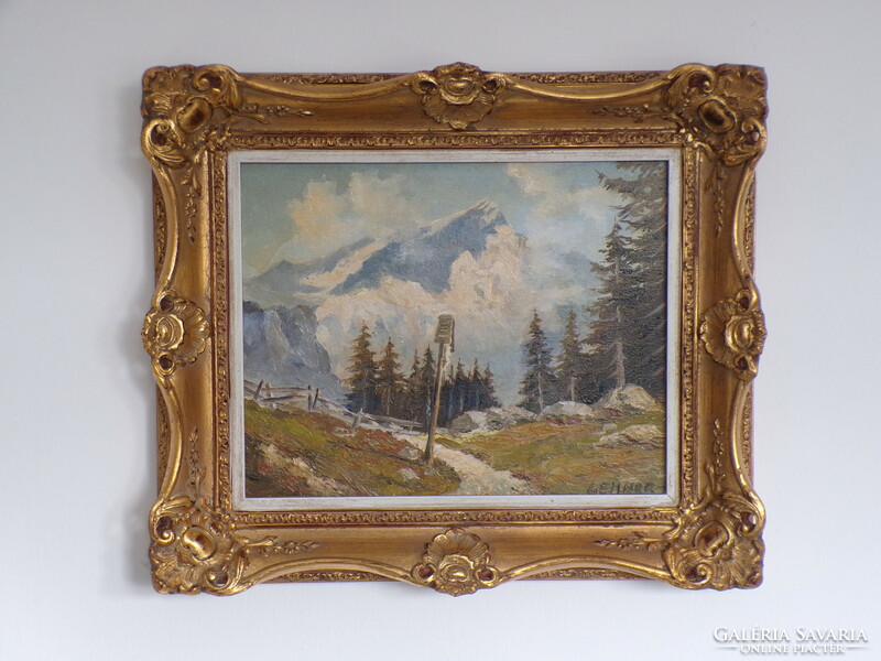 Beautiful old oil painting - landscape - in blonde frame - signed Lehner
