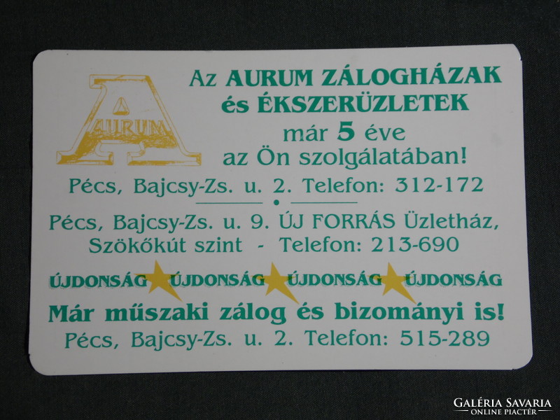 Kártyanaptár, 5 éves, Aurum zálogházak ékszerüzletek, Pécs, 2001, (6)