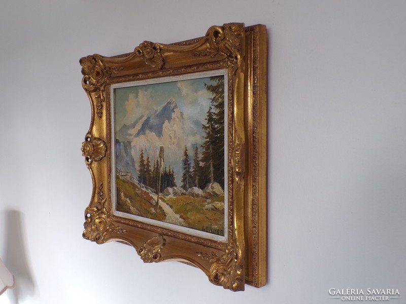 Beautiful old oil painting - landscape - in blonde frame - signed Lehner
