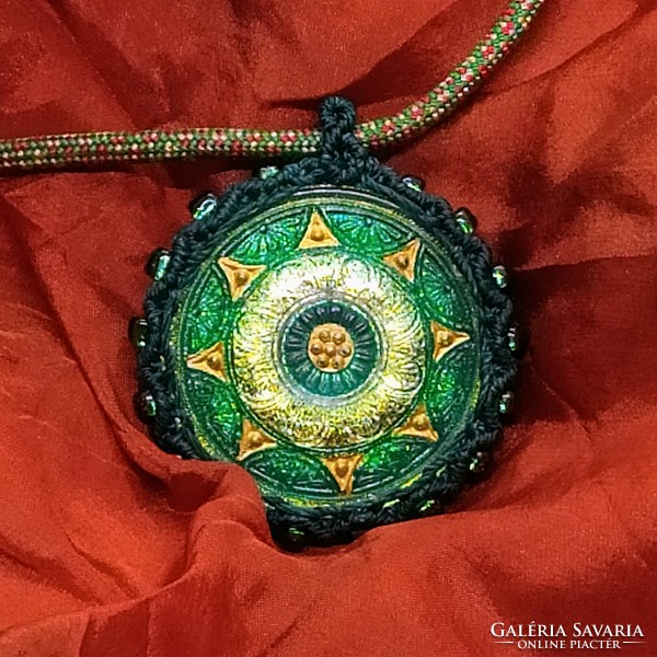 Macramé necklace with hand-painted Czech glass pendant