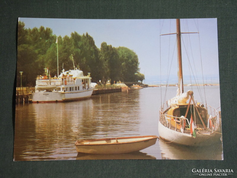 Postcard, Balaton Castle, boat station, Keszthely cruise ship, sailing skyline