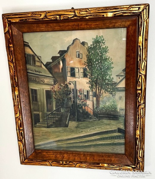 Cityscape - German (or Ostaic?) painter, 1917, a hundred-year-old painting in its original Art Nouveau frame