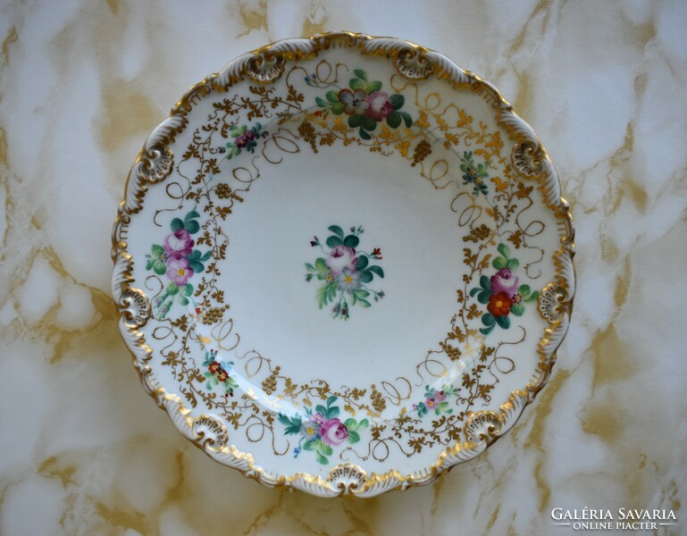 Antik Elbogen biedermeier aranyozott, virág mintás tányér