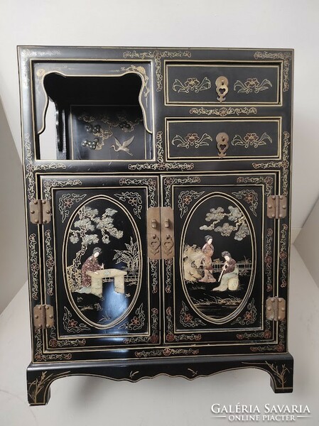 Antique Chinese lacquer cabinet exquisitely carved grease stone convex inlay painted small furniture 500 5940