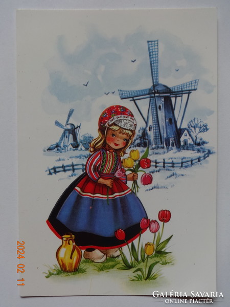 Old graphic Dutch greeting card (with windmill, tulips)