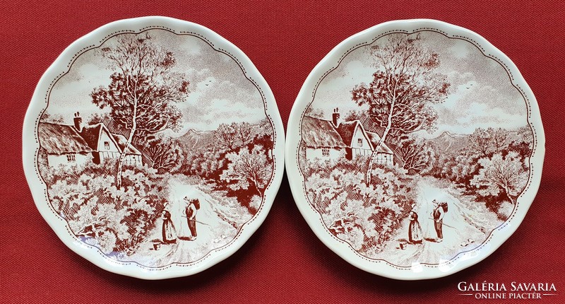2db olasz barna jelenetes kerámia porcelán csészealj tányér