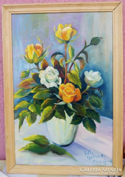 Kortárs festőművész alkotása. Bőm Gabriella: Sárga, és fehér rózsák. Virágcsendélet