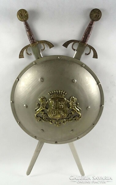 1Q282 large metal historicizing shield with copper stripes with a pair of swords