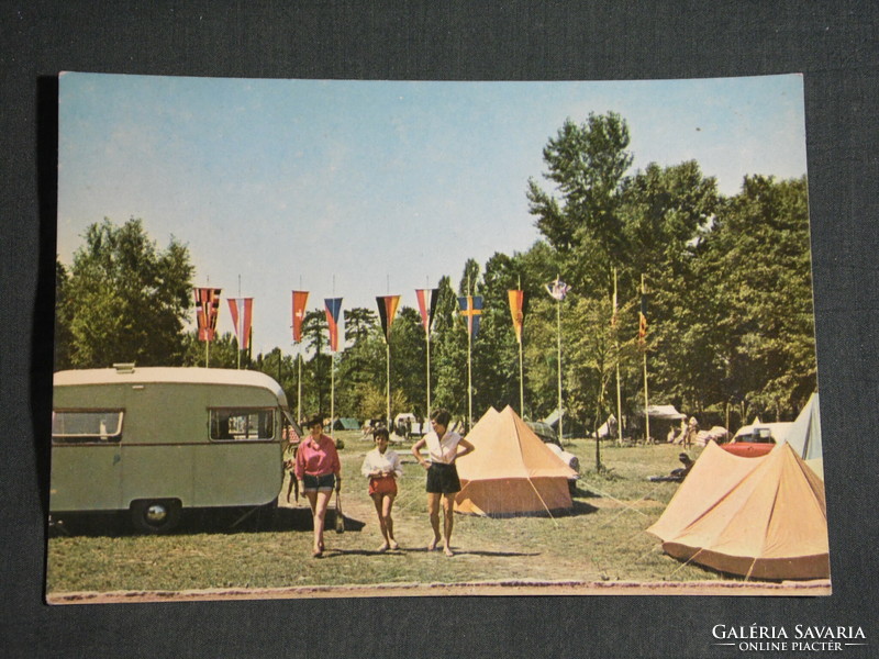 Postcard, Balaton castle, tent camp, camping, caravan, view detail, country flags