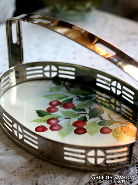 Art deco cherry pattern, faience, tray with metal handles, serving tray, rare, beautiful condition