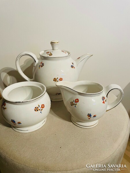 Retro granite porcelain teapot, sugar bowl and milk spout
