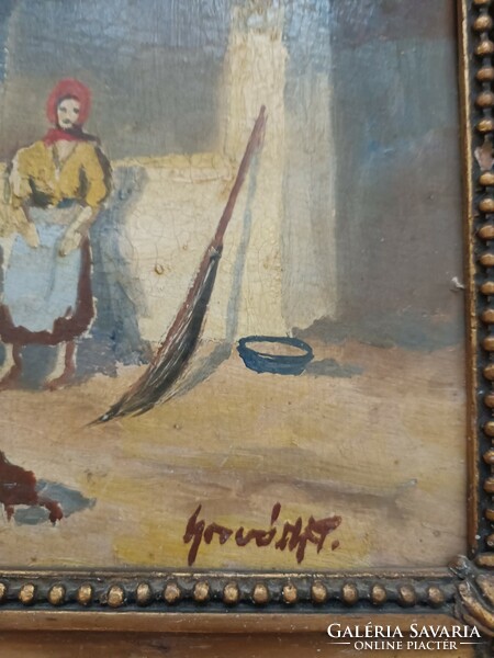 Village life picture Croatian f. Signed with oil painting on wood technique