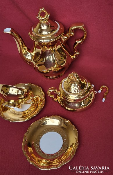 Dúsan aranyozott GKC Bavaria német porcelán kávés kanna kancsó cukortartó csésze csészealj tányér