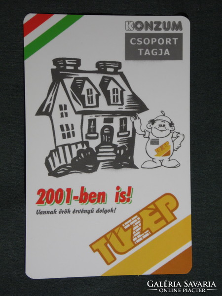 Kártyanaptár, Konzum Tüzép építőanyag telepek, grafikai rajzos, reklám figura, 2001, (6)