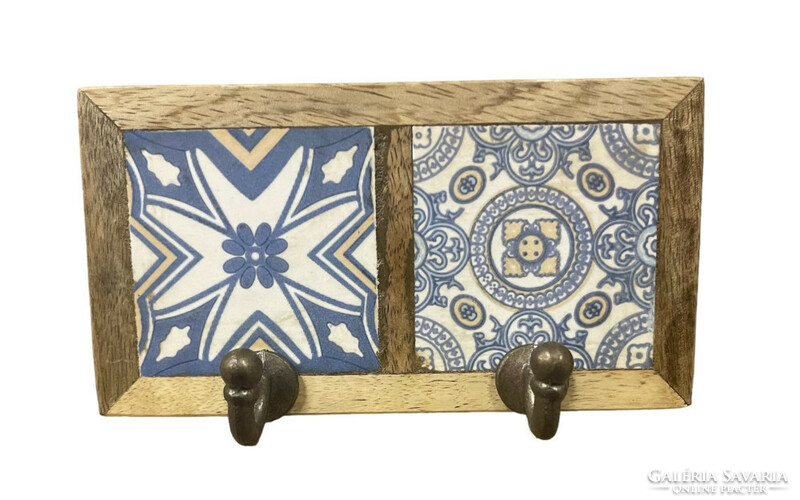 Blue Mediterranean 2-hook hanger with ceramic insert in antiqued mango wood frame with copper hanger